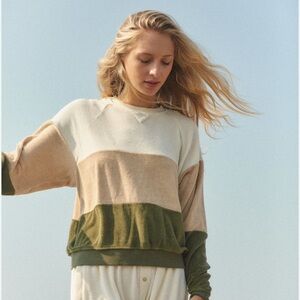 DONNI. Terry Tri Crew Cream, Green and Tan Sweatshirt